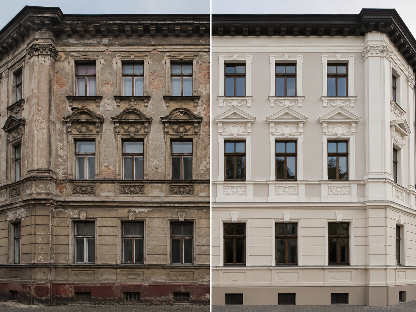 Fassade vor und nach einer Sanierung